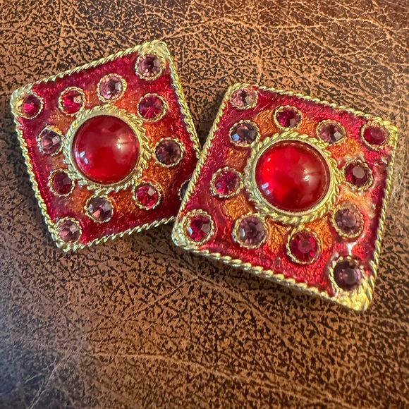 Vintage Ellen Designs Red & Gold Clip-On Earrings - Picture 1 of 3